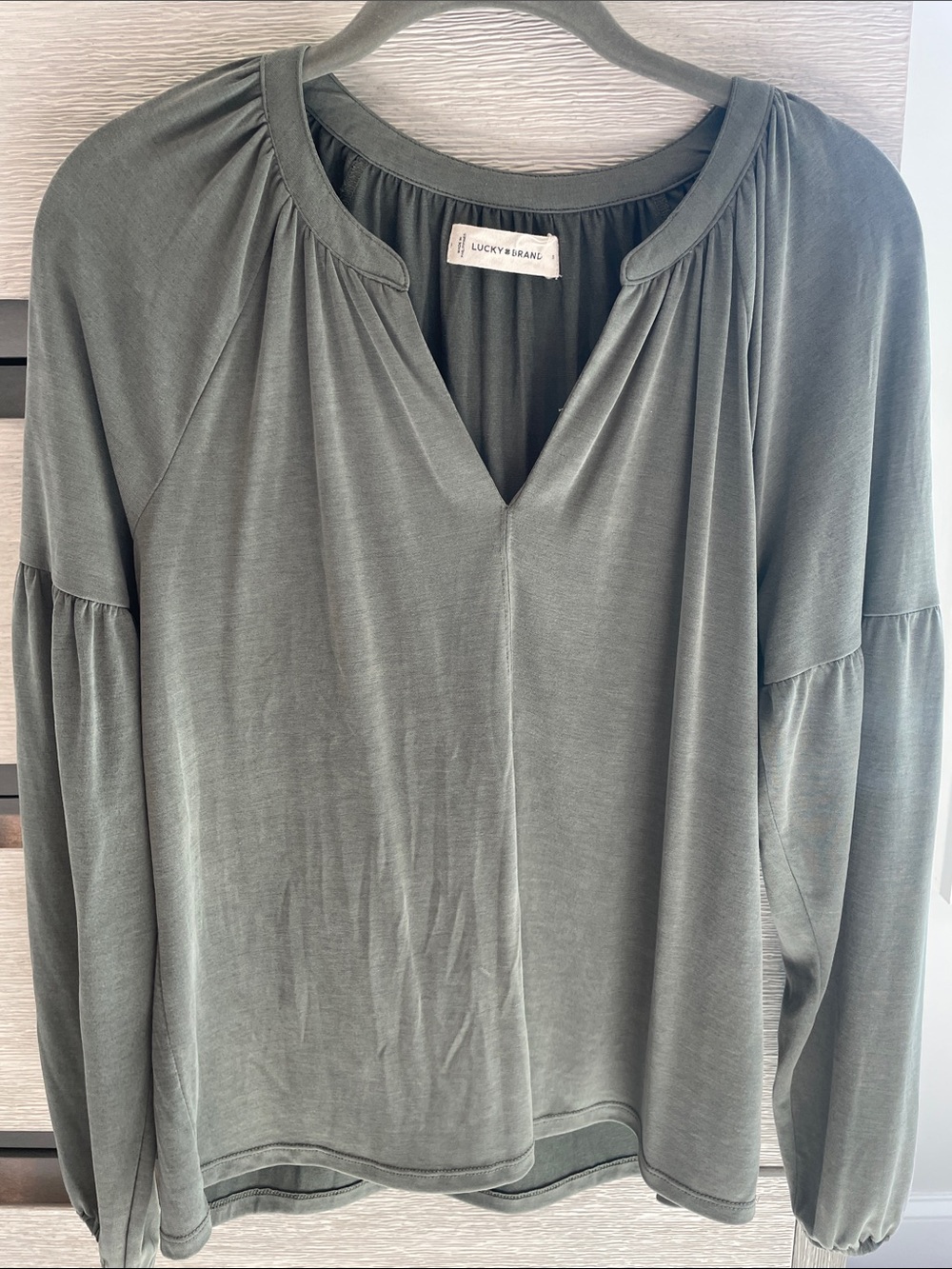 Lucky Brand Olive Green V-Neck Gathered Long Sleeve Tunic